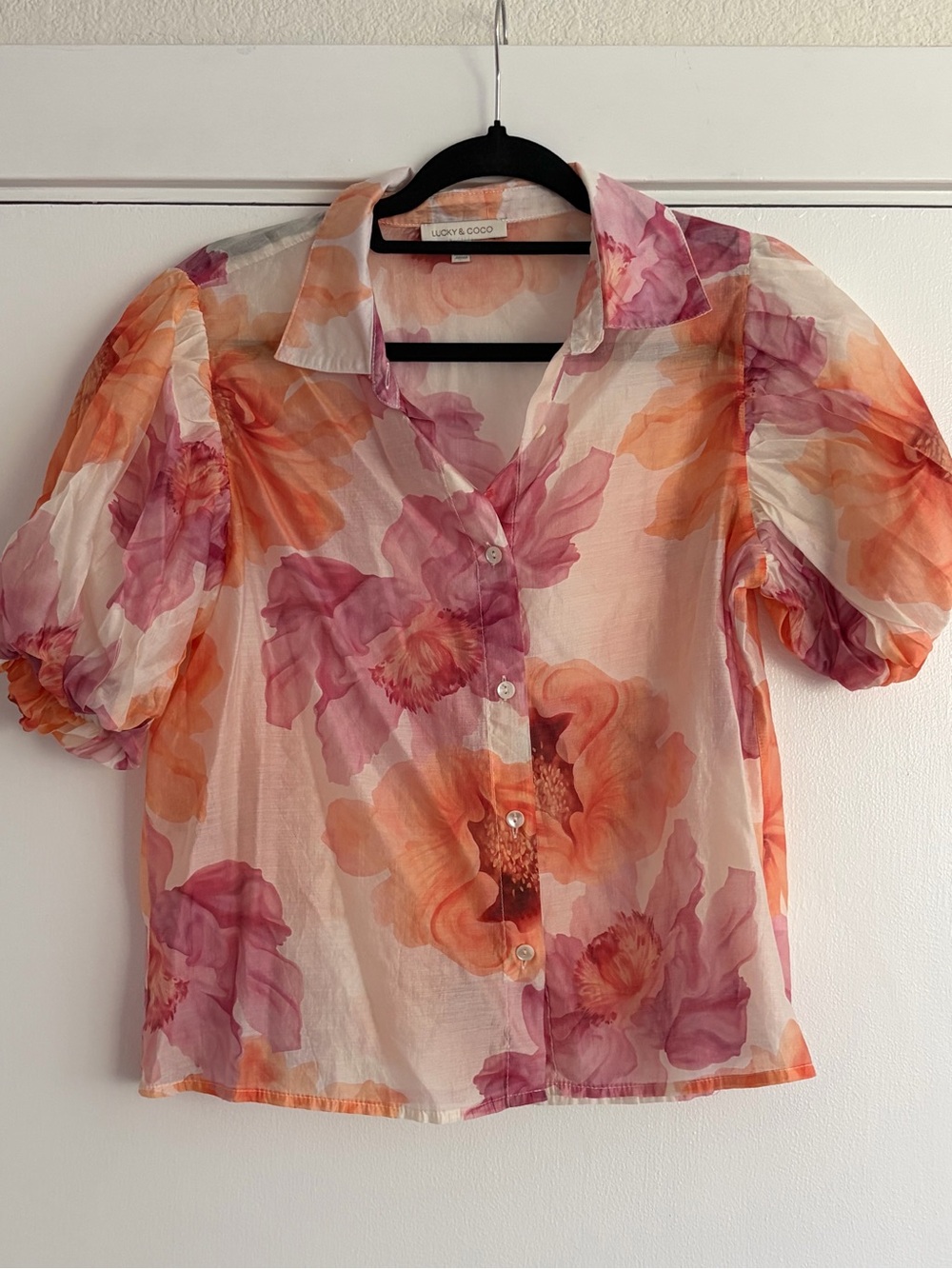 Orange Pink Floral Puff-Sleeve Button Front Top